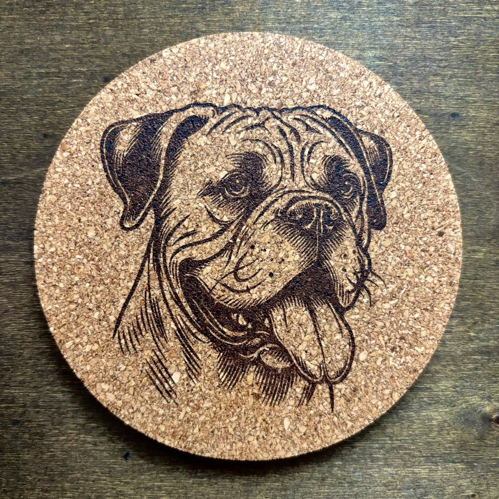 American Bulldog Face Laser Engraved Cork Coaster
